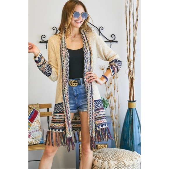 SOLD OUT Ivory Bohemian Tribal Aztec Print Fringe Open Front Cardigan Knit - Picture 4 of 6